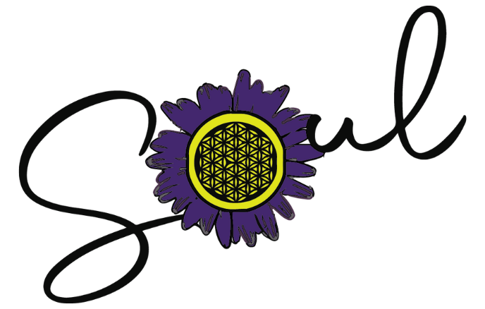 Soul flower logo with letters in black and a purple and yellow sunflower with the flower of life in the middle.